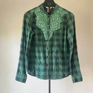 Sundance Button Down Shirt Womens Small Green Plaid Lace‎ Bib Flannel Blouse Top